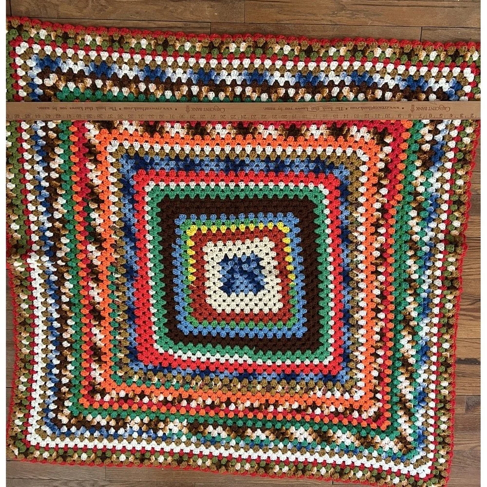 Vtg‎ Granny Square Crochet Afghan Blanket Blue/Brown/Red/White 48x48 Lap Blanket